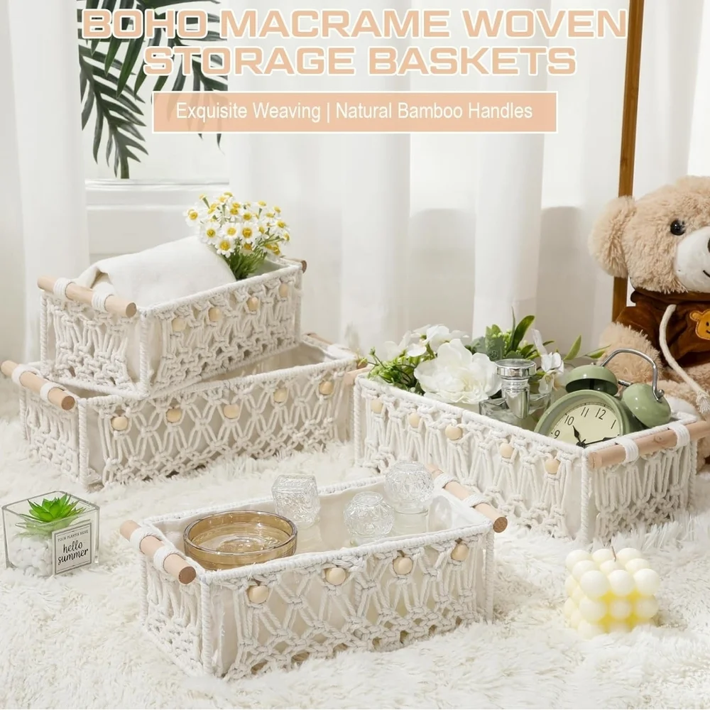 Macrame Bathroom Storage Baskets - Cream